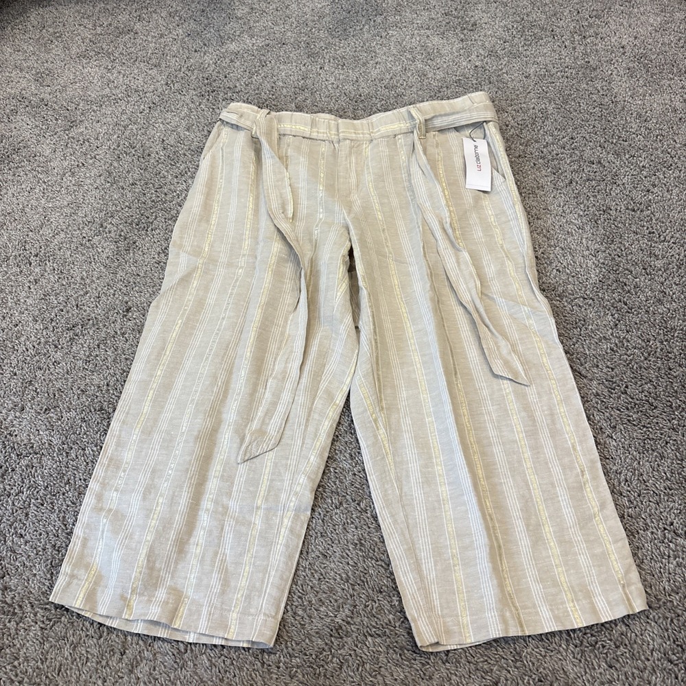 NEW Liz Claiborne linen cotton Crop pants adjustable loose fit women Sand Stripe